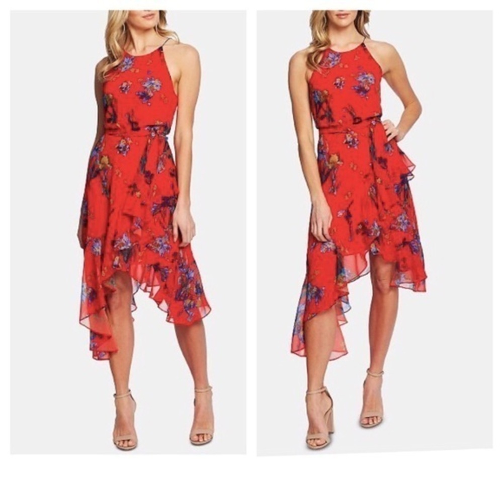 CeCe Asymmetric-Ruffle Printed Halter Dress - NWOT
